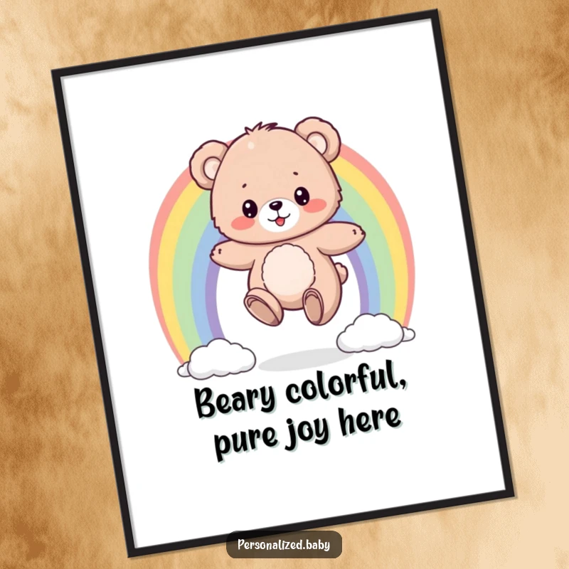 Funny Free Printable Bear Wall Art: A fluffy bear cub bouncing on a colorful rainbow, cheerful downloadable art.