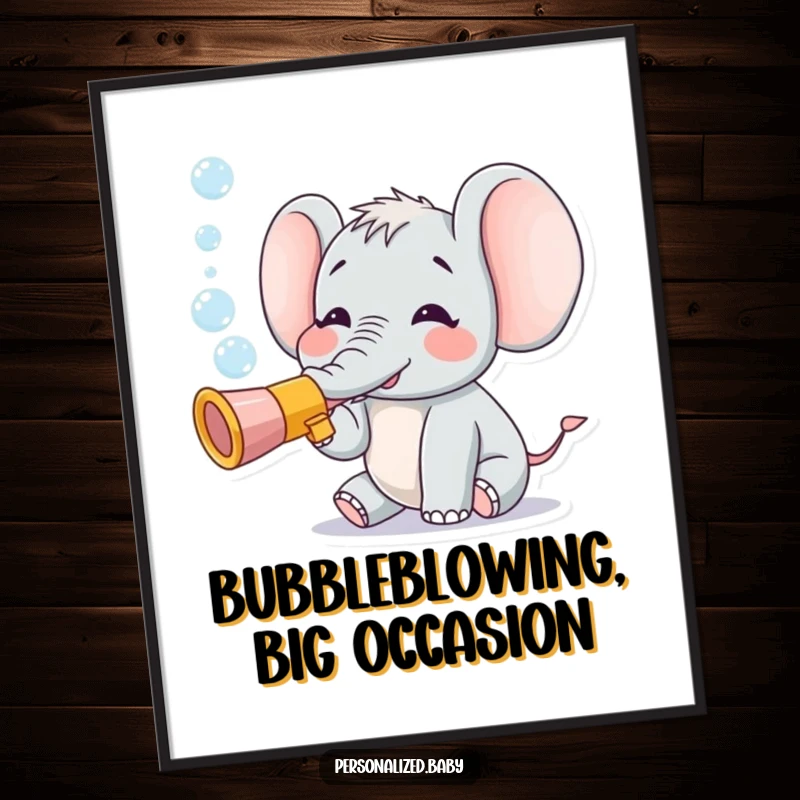 Funny Free Printable Wall Art: Tiny elephant character joyfully blowing colorful bubbles from a toy trumpet, whimsical and delightful decor.