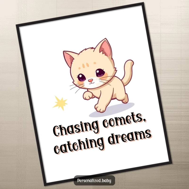 Funny Free Printable Wall Art: Curious kitten enthusiastically chasing a bright, sparkly comet tail across the galaxy.