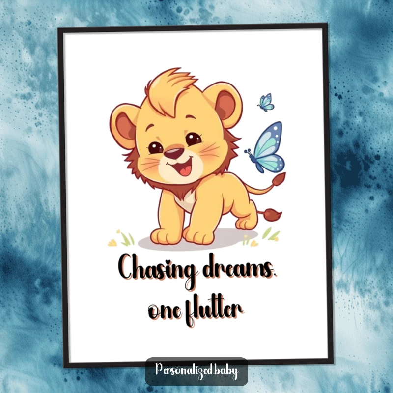 Funny Free Printable Lion Cub Wall Art: A lovable baby lion cub gleefully trips while chasing a radiant butterfly.