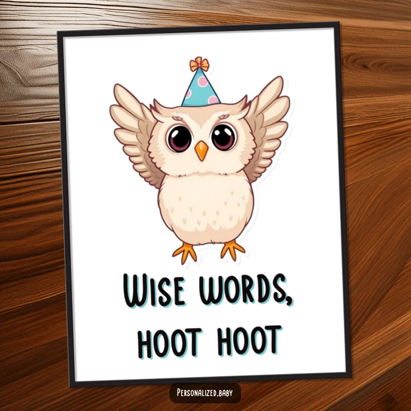 Funny Free Printable Wall Art depicting a baby owl in a party hat swooping with wide, surprised eyes. Downloadable art.