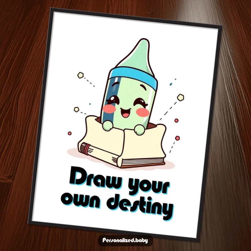 Funny Free Printable Wall Art: A vibrant cartoon crayon comically bursting out of an open sketchbook, full of energy.