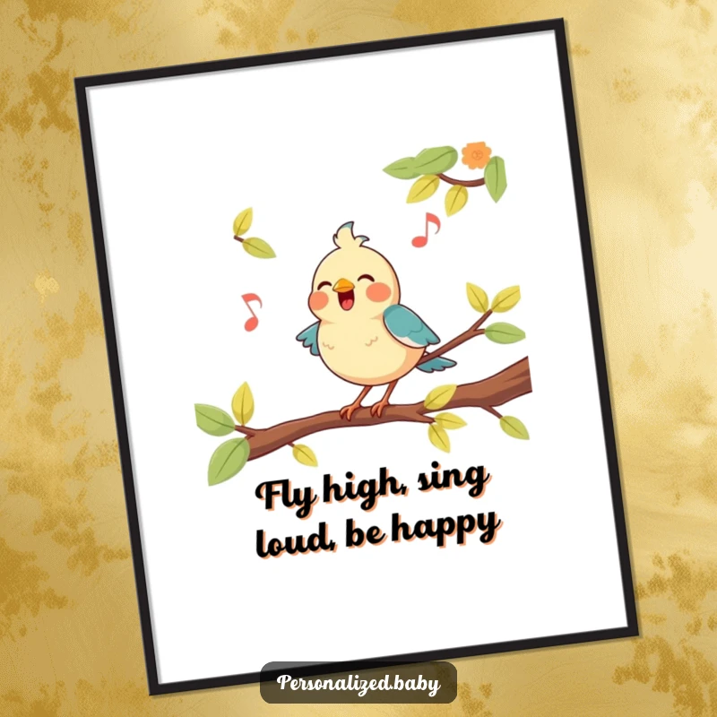 Funny Free Printable Wall Art: A happy bird perches on a branch, energetically belting out a delightful tune.