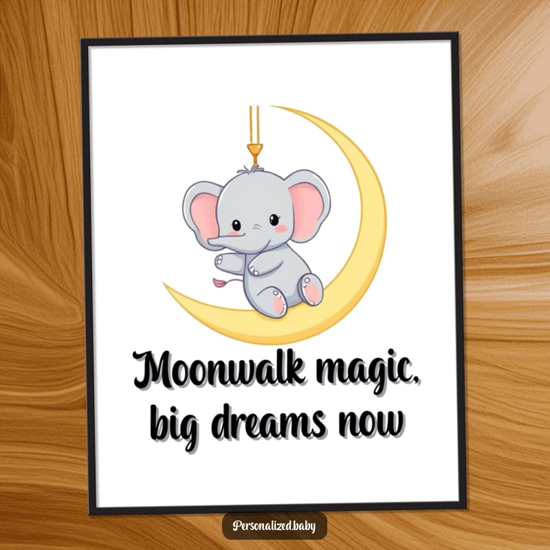 Funny Free Printable Elephant Wall Art: A tiny elephant gleefully swinging from a moon crescent, whimsical downloadable art.