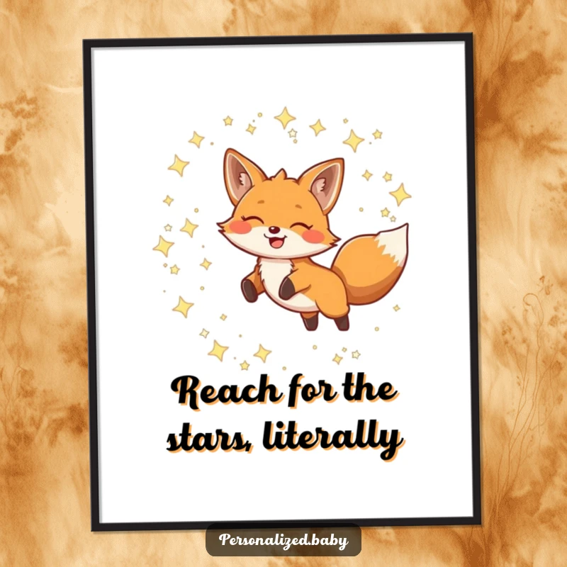 Funny Free Printable Wall Art: Adorable smiling fox leaping joyfully through a magical sky of twinkling constellations.