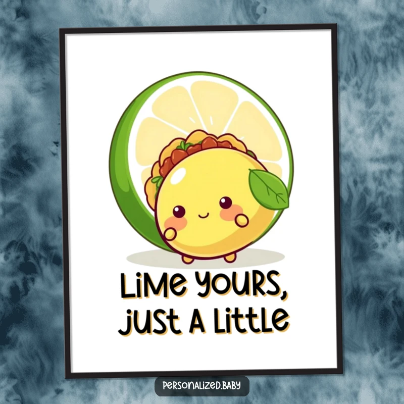 Funny Free Printable Wall Art: A shy, blushing taco character timidly peeks from behind a colossal lime, creating a humorous scene.