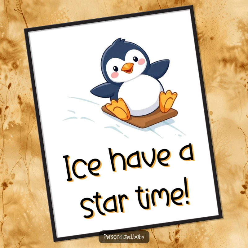 Funny Free Printable Penguin Wall Art: Adorable penguin catching air while sliding down a starry, icy slope.