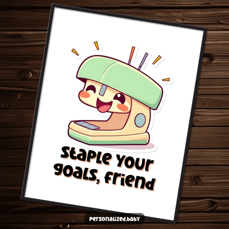 Funny Free Printable Wall Art of an overjoyed stapler character, enthusiastically popping staples into the air.