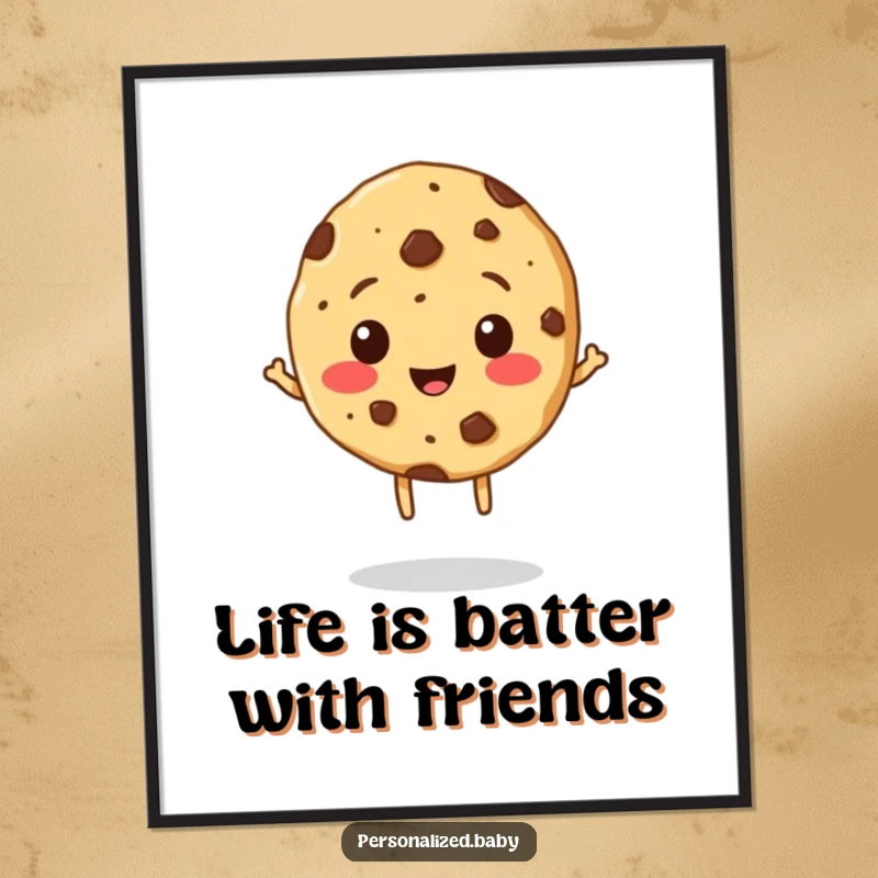 Free Printable Wall Art: A cheerful cookie character with chocolate chip freckles bouncing enthusiastically.