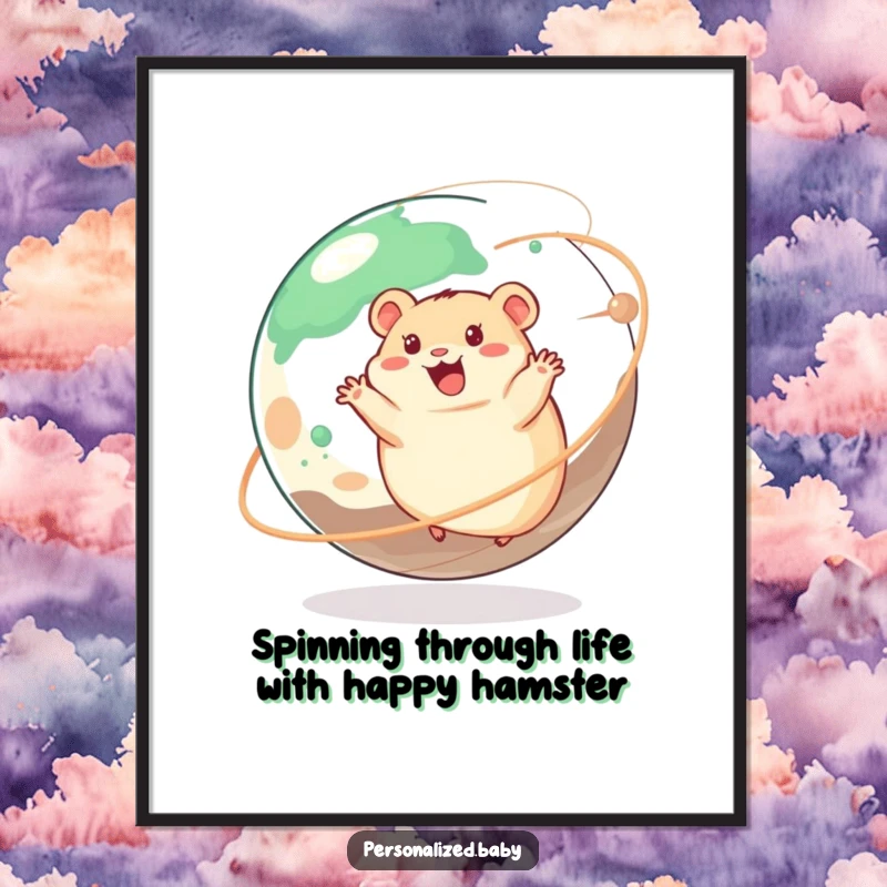 Funny Free Printable Wall Art: A happy hamster joyfully spins around a giant, colorful planet in the cosmos.