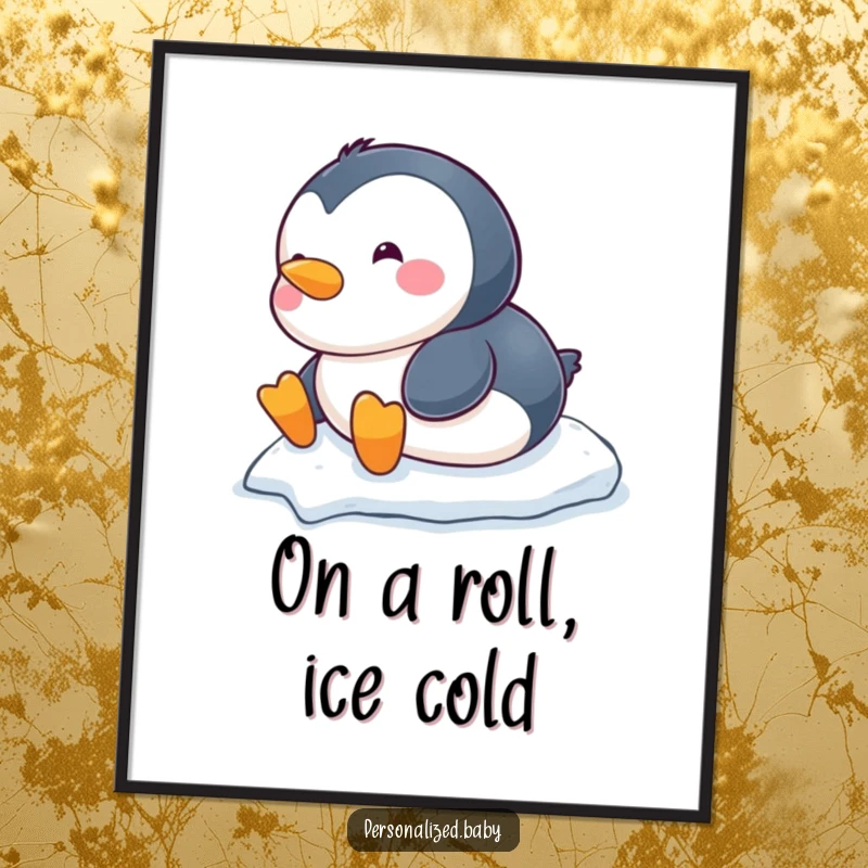 Funny Free Printable Wall Art: A chubby baby penguin excitedly sliding down a snow-covered hill on its belly.