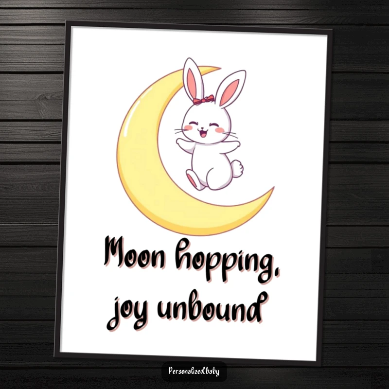 Funny Free Printable Wall Art: Giggling bunny playfully hopping on a large crescent moon, sparking wonder.