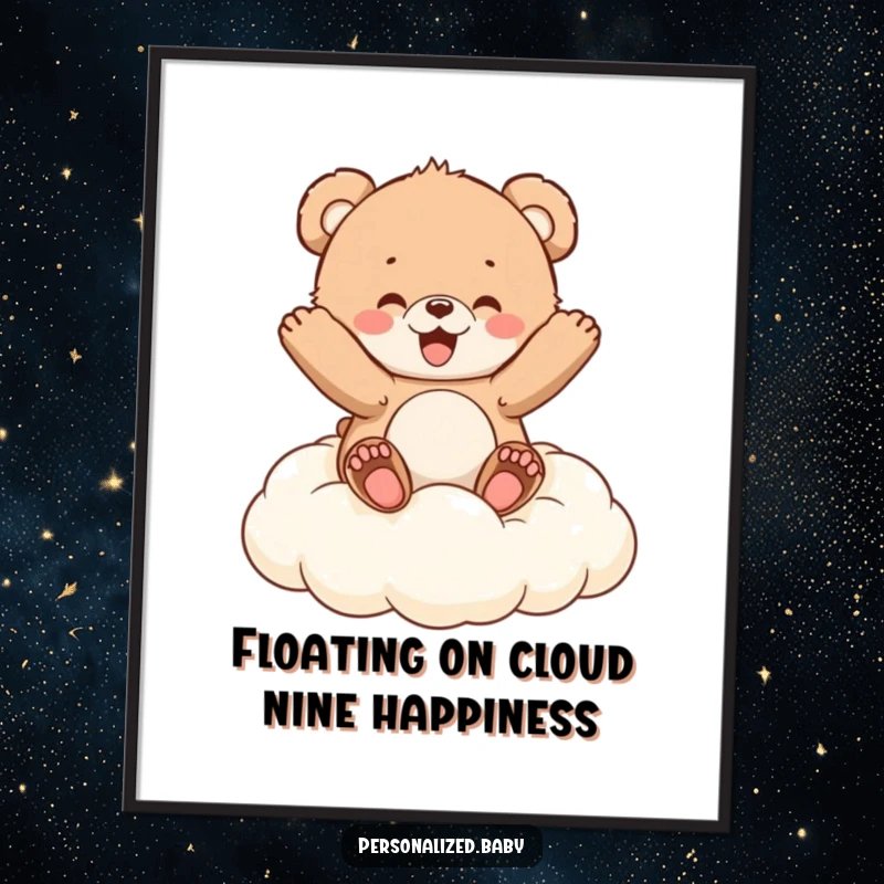 Funny Free Printable Wall Art: Fluffy bear cub bouncing gleefully on a cloud-shaped cushion, bringing joy.