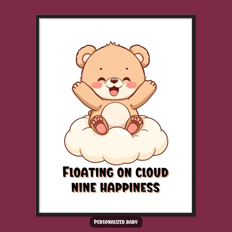 Funny Free Printable Wall Art: Bouncing Bear Cub on Cloud, Joyful Downloadable Decor