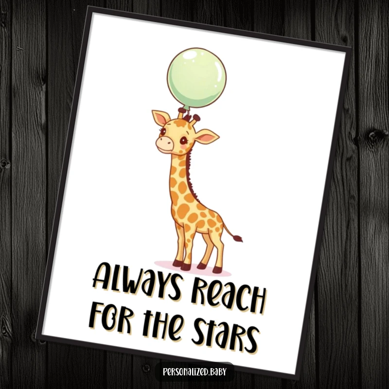 Funny Free Printable Wall Art: A curious baby giraffe stretching its long neck towards a cheerfully floating balloon.