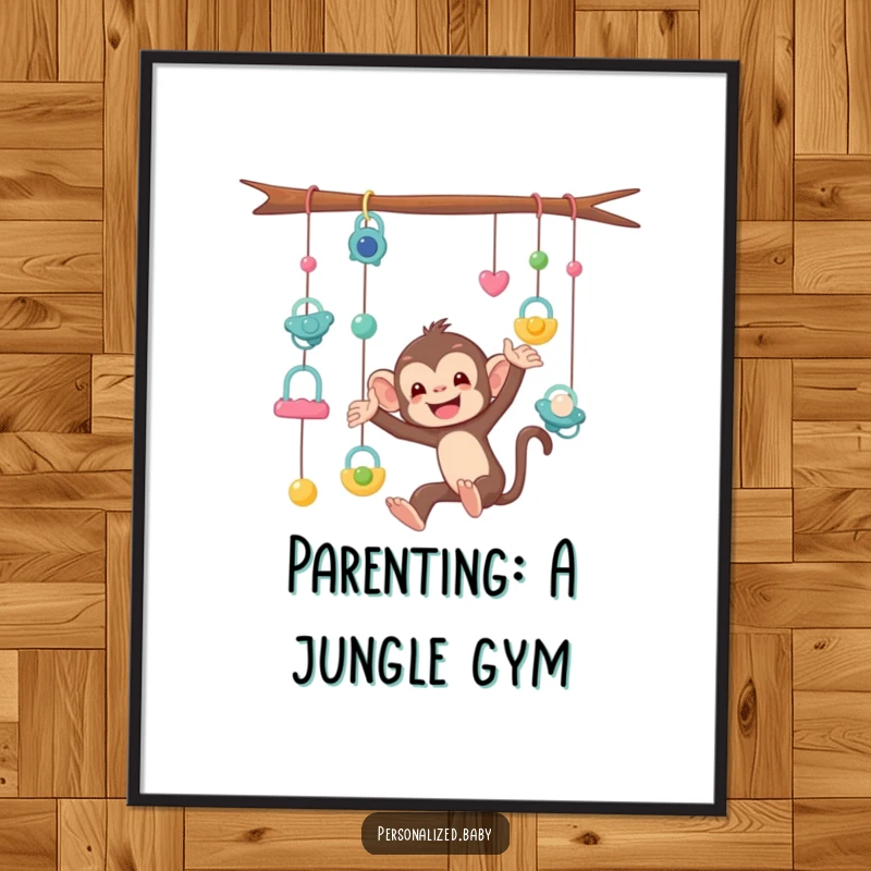 Funny Free Printable Wall Art: A mischievous monkey tangled in a mobile of dangling pacifiers, creating a humorous nursery scene.