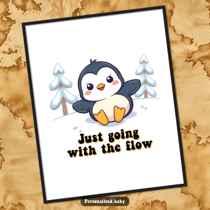 Funny Free Printable Wall Art: A playful penguin chick sliding gleefully down a snowy slope on its belly.