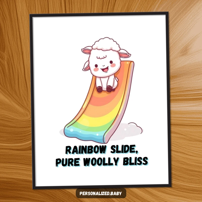 Funny Free Printable Wall Art: A giggling lamb joyfully tumbles down a shimmering rainbow slide, adding humor and color.