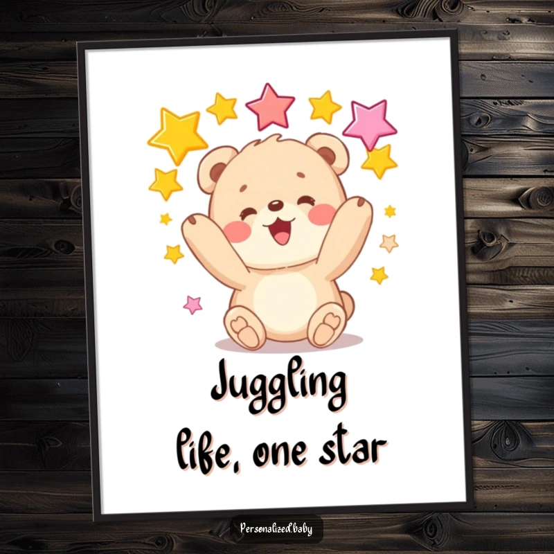 Funny Free Printable Wall Art depicting a fluffy bear cub cheerfully juggling colorful stars. Downloadable and whimsical art.