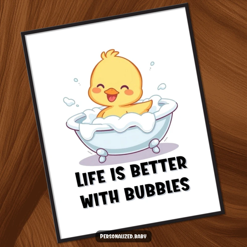 Funny Free Printable Wall Art: A happy duckling character splashing with glee in a bathtub overflowing with abundant white foam.
