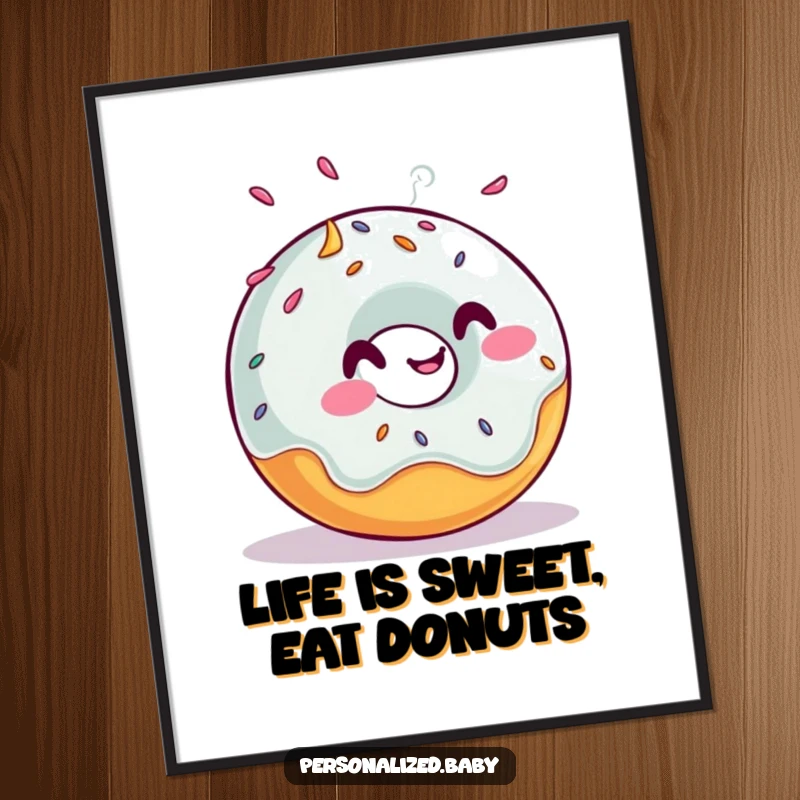 Funny Free Printable Wall Art: A giggling donut character with sprinkles flying off rolls adorably, bringing a smile.