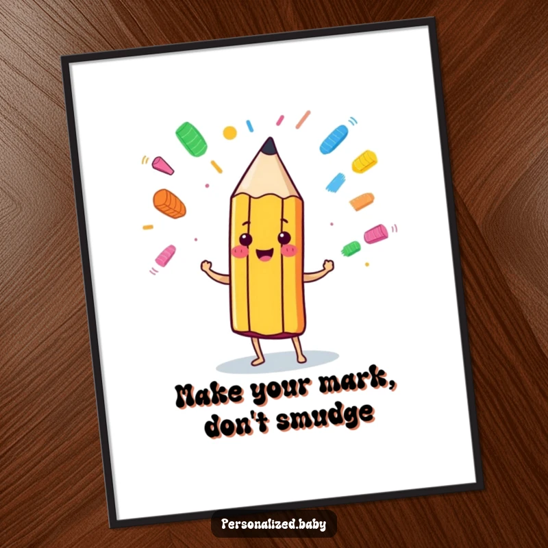 Funny Free Printable Wall Art: An anthropomorphic pencil cheerfully juggling colorful eraser marks, creating a whimsical scene.
