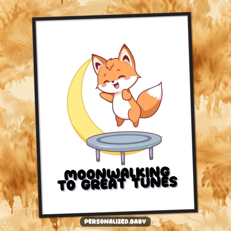 Funny Free Printable Wall Art depicting a tiny fox cub gleefully bouncing on a crescent moon like a trampoline. Downloadable art.
