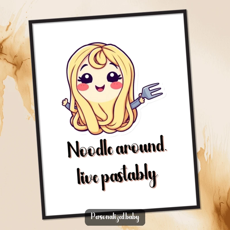 Funny Free Printable Wall Art: Smiling, wiggling spaghetti noodle character with a fork, a humorous and appetizing piece.