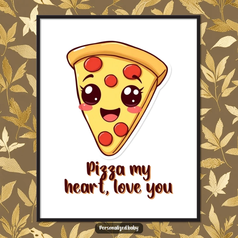 Funny Free Printable Wall Art: A smiling, bouncy pizza slice character with distinctive pepperoni eyes radiates happiness and fun.