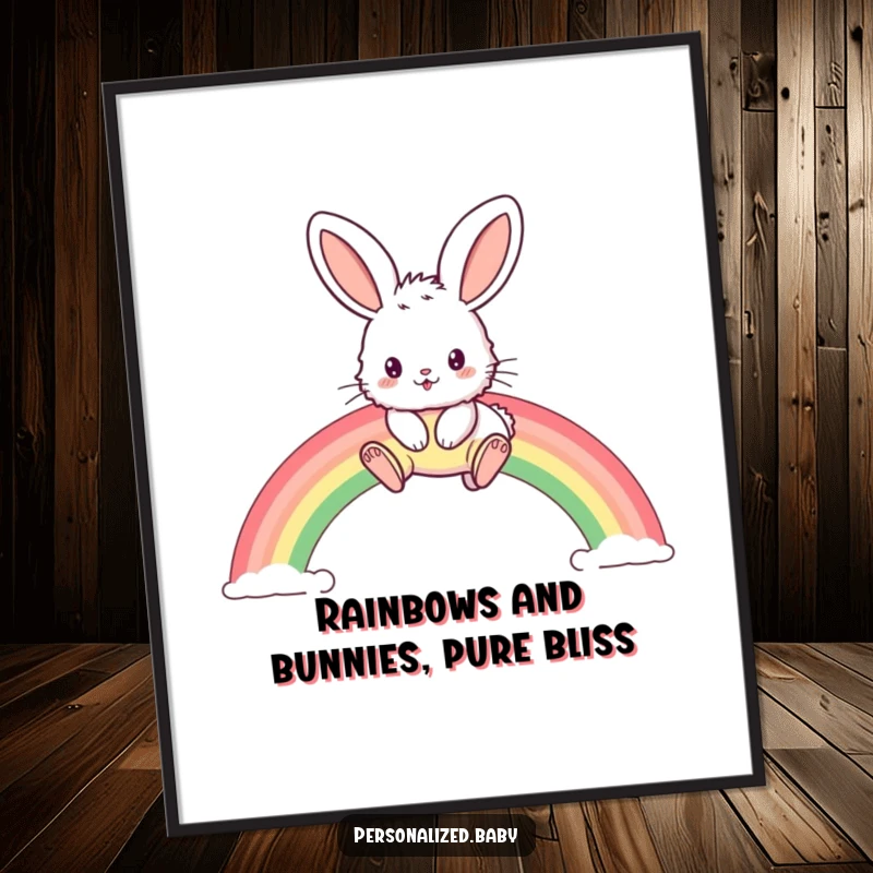 Funny Free Printable Bunny Wall Art: A fluffy bunny with giant ears mid-hop over a sensational rainbow arc.