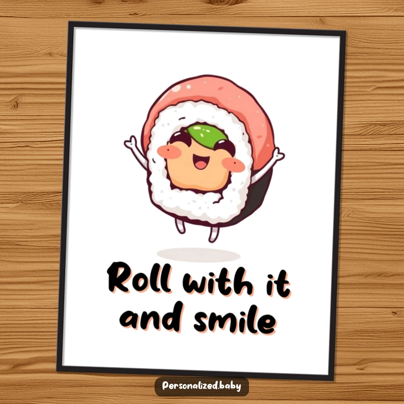 Funny Free Printable Wall Art: A happy sushi roll dances with pure joy and infectious enthusiasm, a delightful piece of decor.