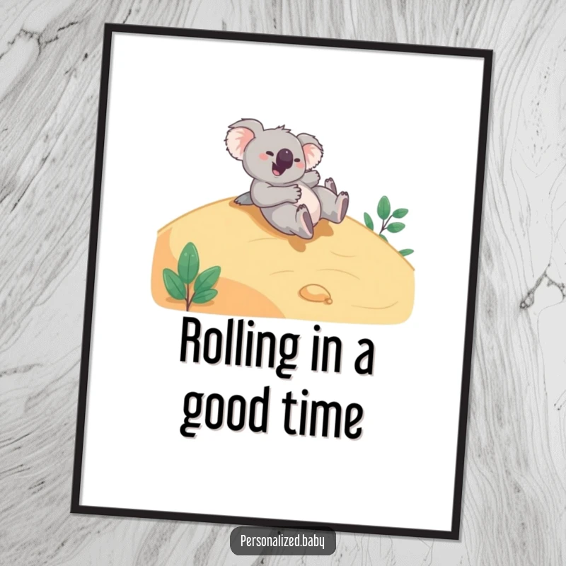Funny Free Printable Wall Art: Giggling koala bear tumbling playfully down a smooth hillside, adding humor.
