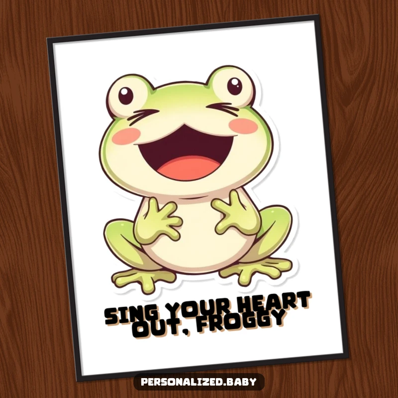 Funny Free Printable Wall Art: A cheerful frog is captured mid-song, eyes closed, mouth wide open in a joyful performance.