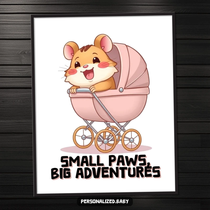 Funny Free Printable Wall Art: A happy hamster character pushing an oversized baby carriage, celebrating the joys of parenting.