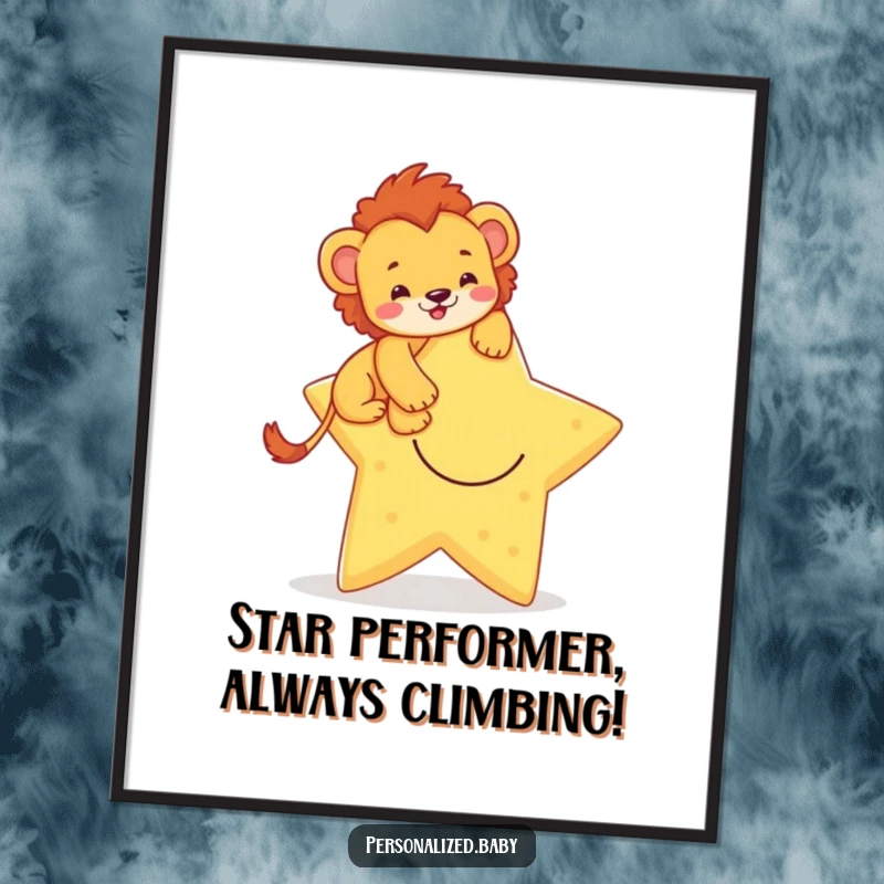 Funny Free Printable Lion Cub Wall Art: A brave lion cub cheerfully climbing a giant, smiling star.