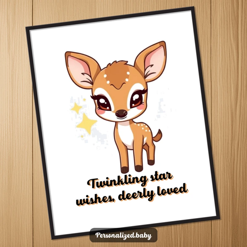 Funny Free Printable Wall Art: Shy deer fawn with big eyes peeks from behind a twinkling star, adding whimsy.