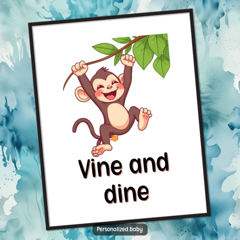 Funny Free Printable Wall Art: A mischievous baby monkey swinging exuberantly from a vine, captured mid-laugh.