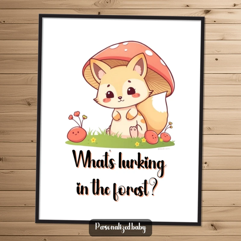 Funny Free Printable Wall Art: Mischievous fox kit peeking from behind a giant mushroom, adding playful decor.