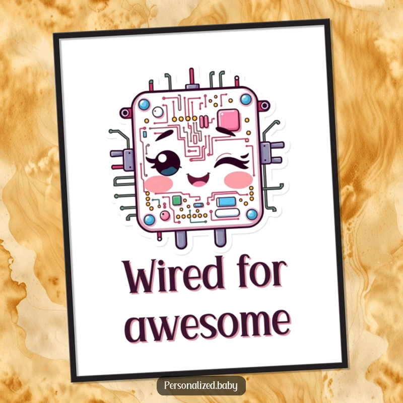 Funny Free Printable Wall Art: A cheerful circuit board character winking, symbolizing smarts and playful tech-inspired design.