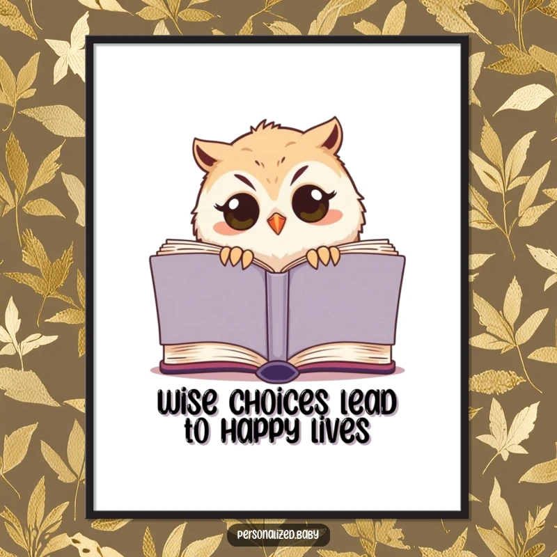 Funny Free Printable Wall Art: A round, sleepy owl chick with wide eyes peeks from a large book, adding humor to any room.