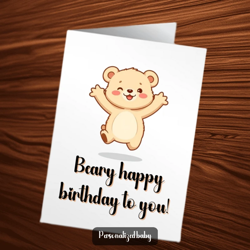 Funny Free Printable Birthday Card: Small, fluffy bear cub jumping gleefully with arms outstretched. A joyous downloadable gift.