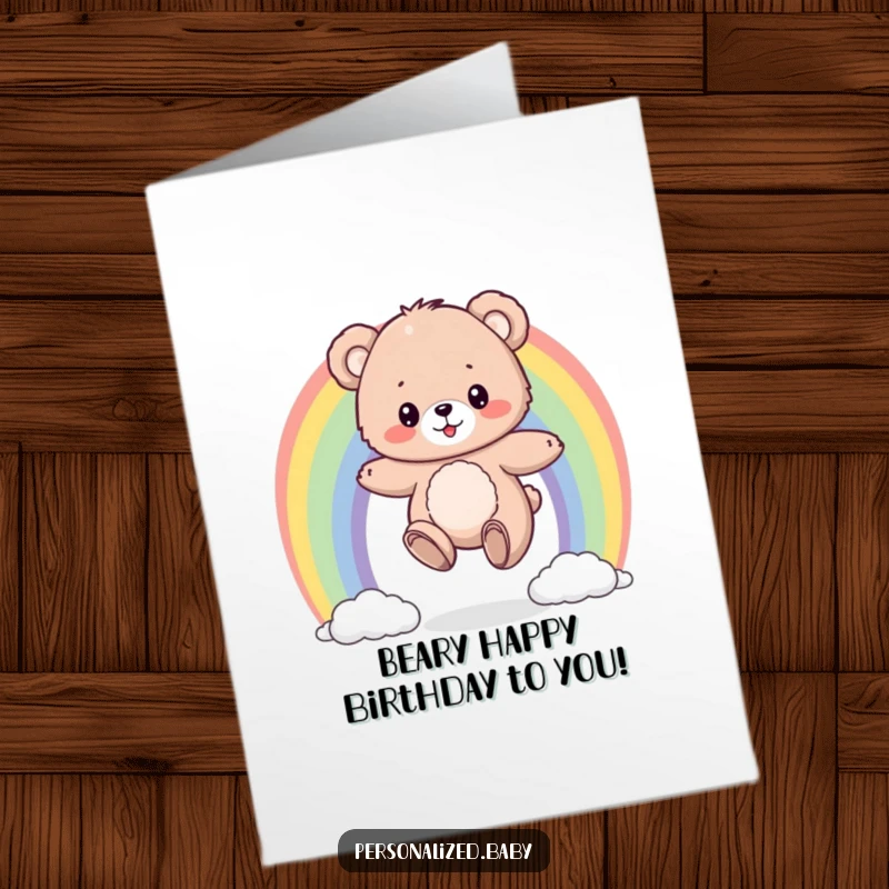 Funny Free Printable Bear Birthday Card: A fluffy bear cub bouncing on a colorful rainbow, wishing a happy birthday.
