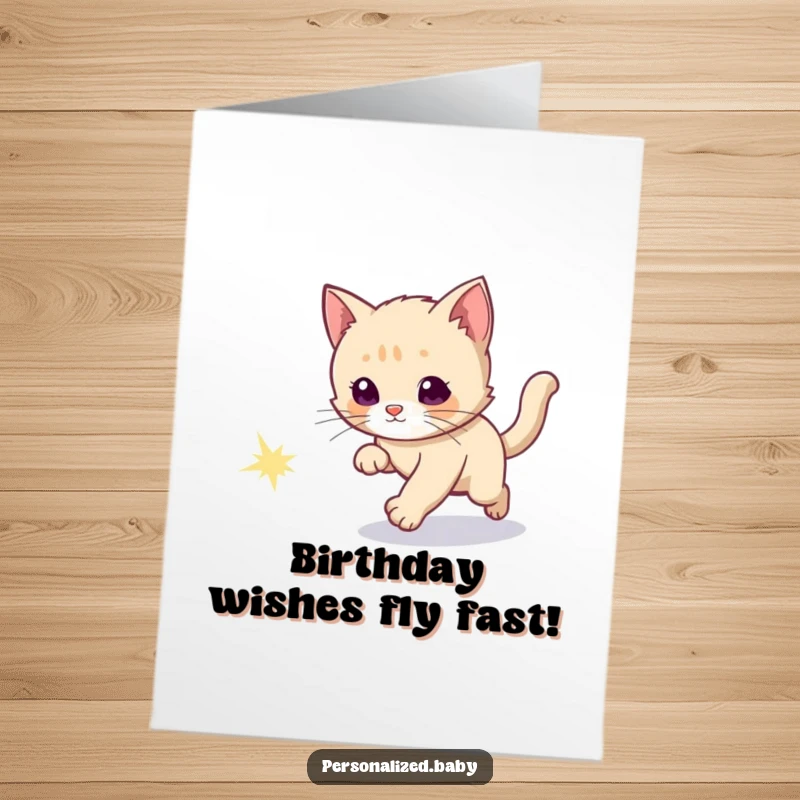Funny Free Printable Birthday Card: Curious kitten playfully chasing a sparkly comet tail through space.