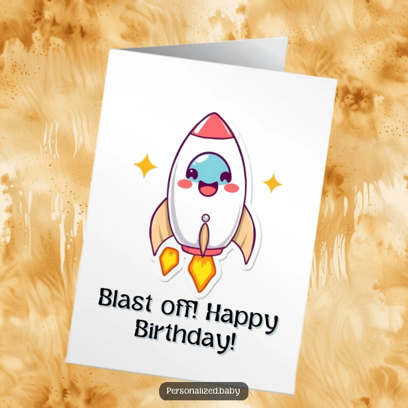 Funny Free Printable Birthday Card: Smiling rocket ship character beaming as it launches into space, celebrating birthdays.
