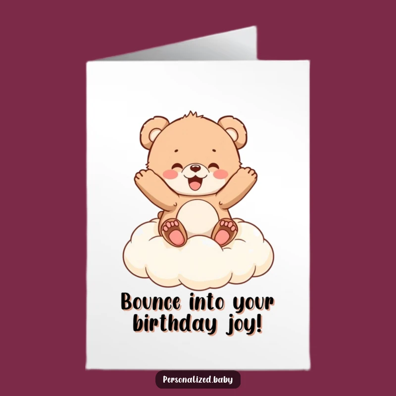 Free Printable Birthday Card: Bouncing Bear Cub on Cloud, Joyful & Funny Downloadable Surprise