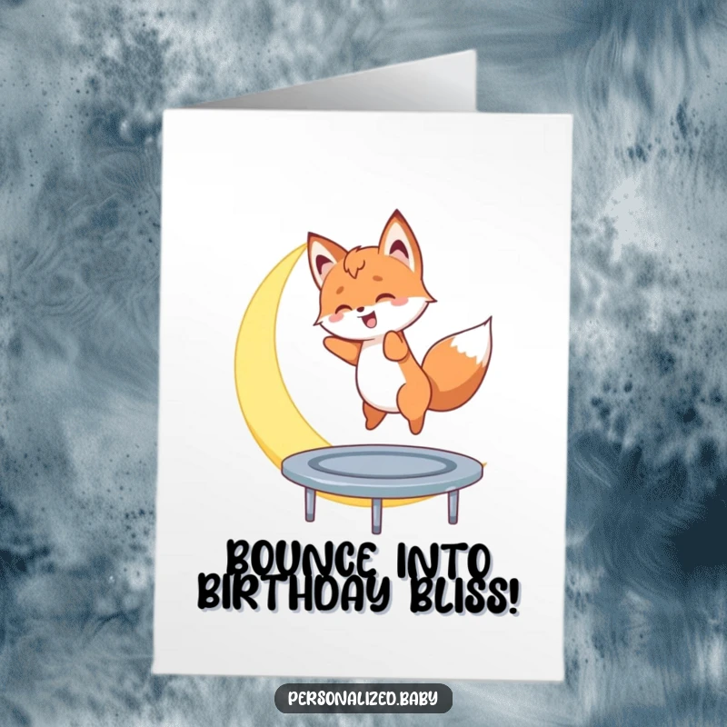 Funny Free Printable Birthday Card: a fox cub gleefully bounces on a crescent moon like a trampoline. DIY digital gift.