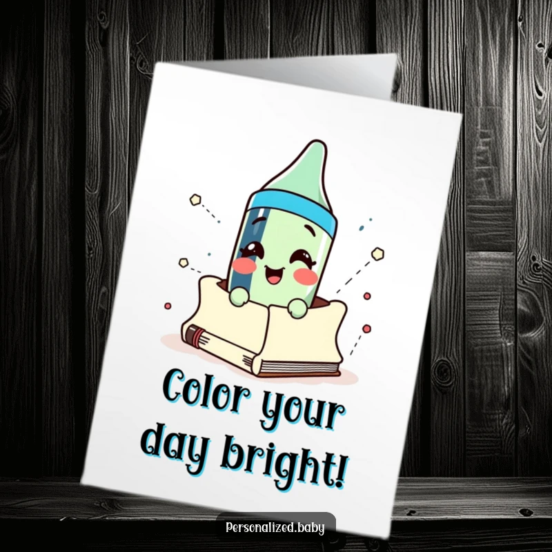 Funny Free Printable Birthday Card: Cartoon crayon with a big smile bursting joyfully from an open sketchbook.