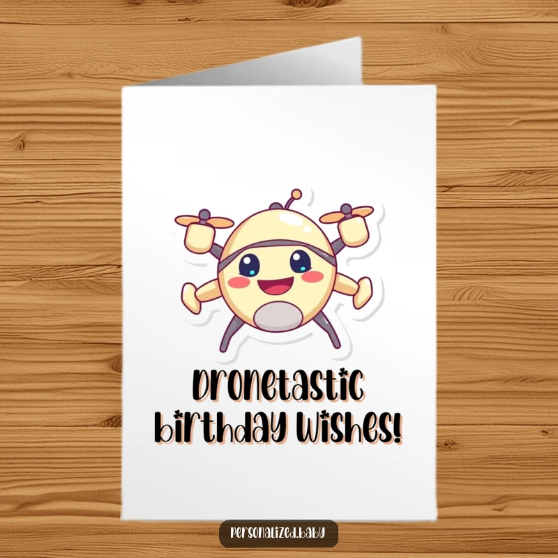 Funny Free Printable Birthday Card featuring a grinning, buzzing drone character hovering with pure joy, perfect for a tech enthusiast.