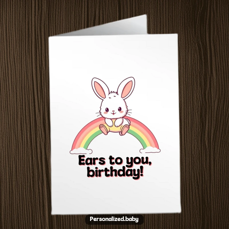 Funny Free Printable Bunny Birthday Card: Fluffy bunny with huge ears joyfully leaps over a vibrant rainbow arc.