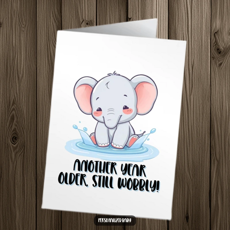 Funny Free Printable Birthday Card: A wobbly baby elephant gleefully splashing in a puddle, with water droplets flying.